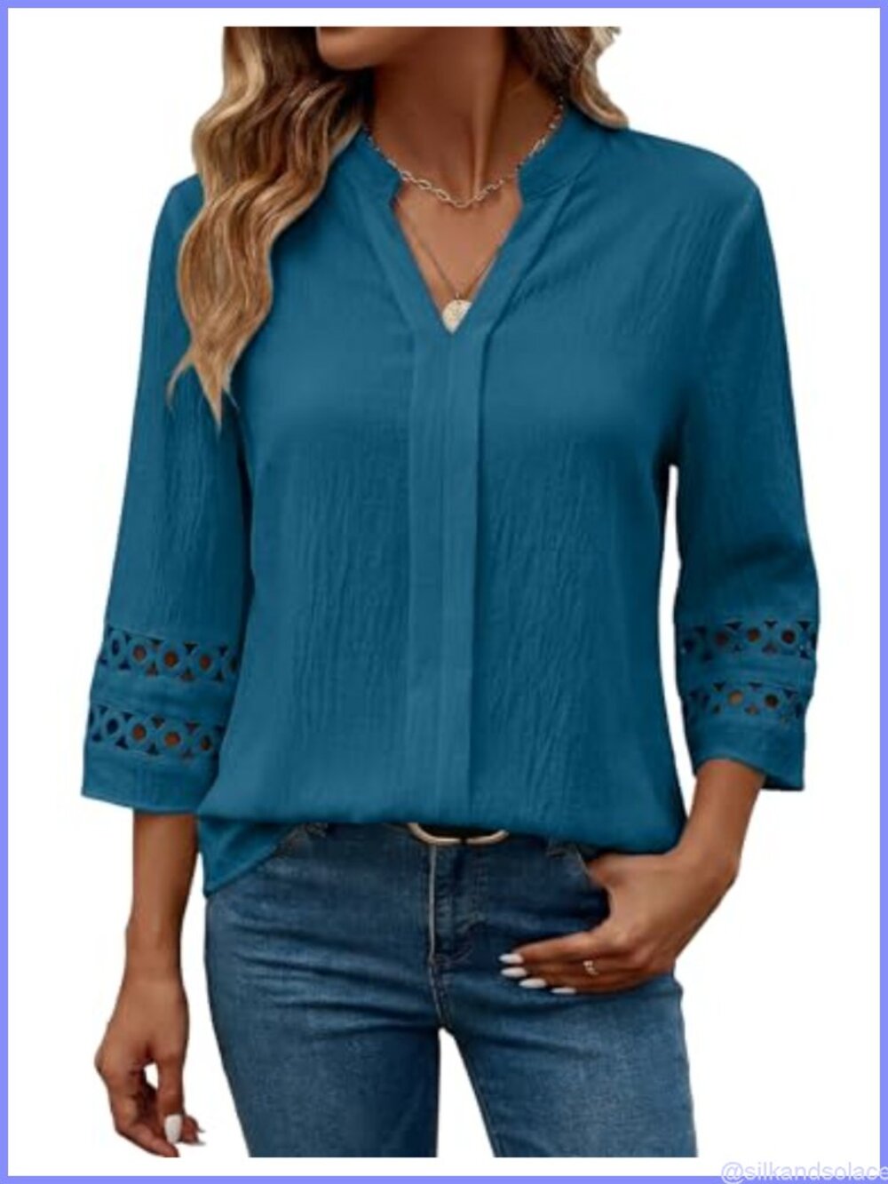 Funlingo Womens 3/4 Sleeve V Neck Pleated Dressy Casual Blouse Top